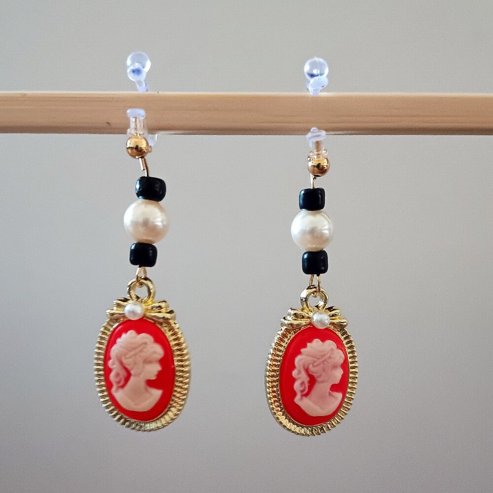 Handmade Red Cameo Earrings w/ Faux Pearls